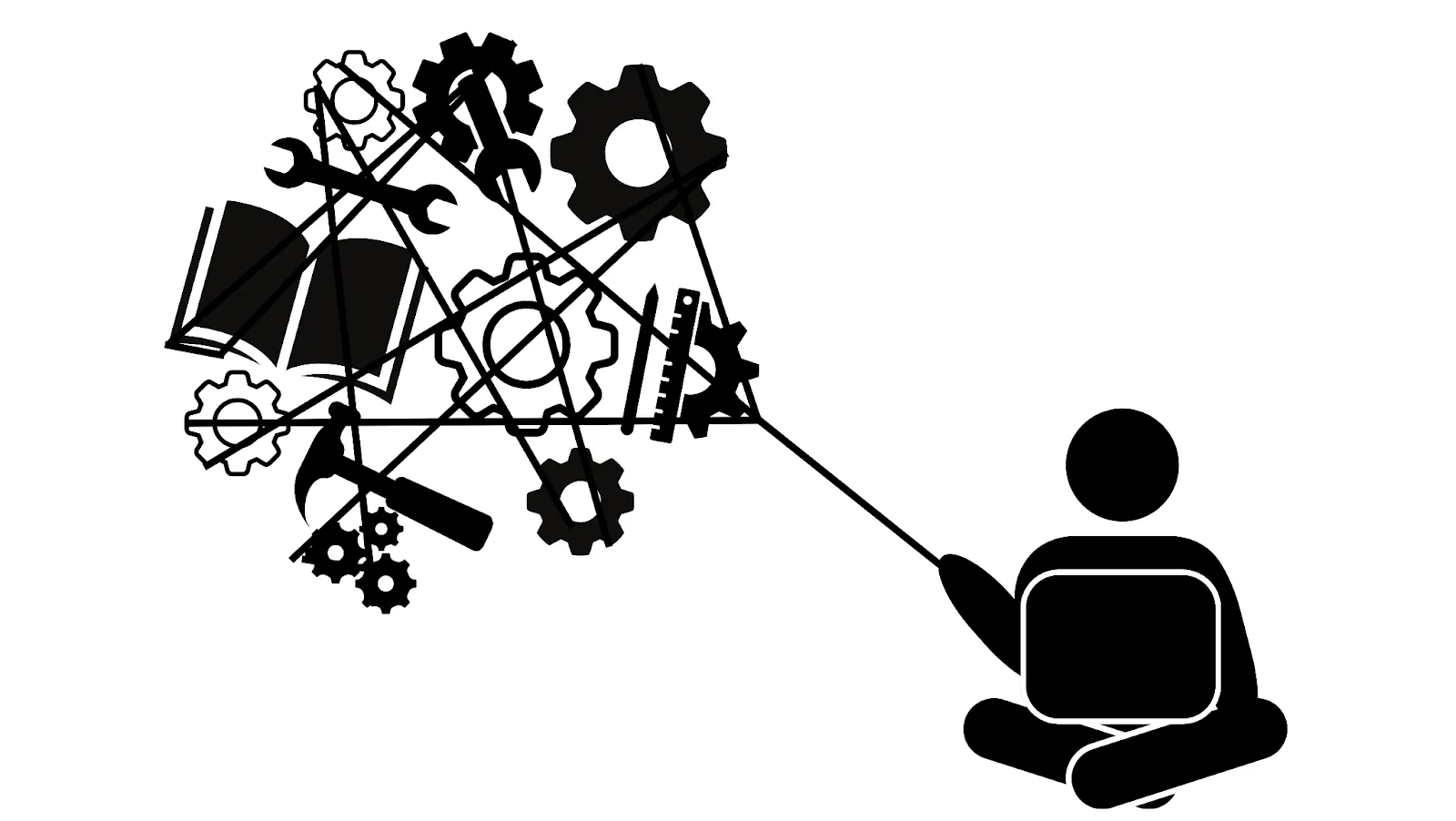 Person with icons representing technology, learning, and tools, symbolizing education, knowledge, and skill-building in engineering and technology - Andy Crebar