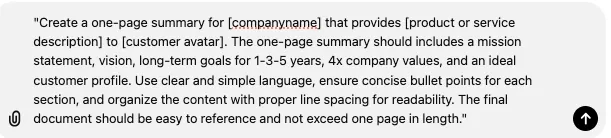 Template for a one-page company summary, featuring mission statement, goals, company values, and ideal customer avatar - Andy Crebar