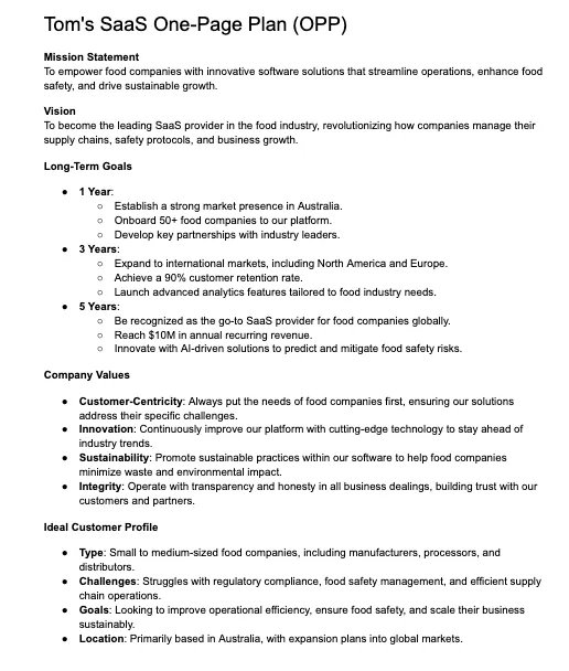 Tom's SaaS One-Page Plan, outlining mission, vision, goals, company values, and ideal customer profile for a food industry software platform - Andy Crebar