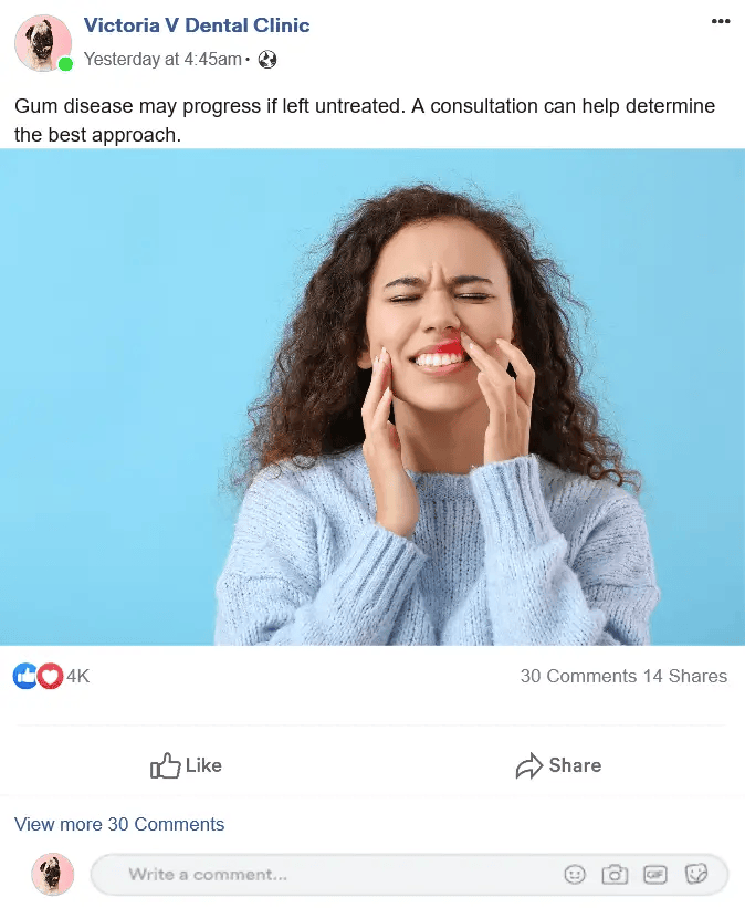 Social media post showing a woman in dental pain with educational text about gum disease and a consultation disclaimer - Wolf IQ