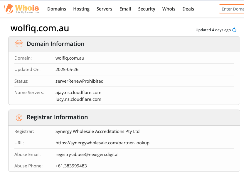 whois website screenshot by Wolf IQ