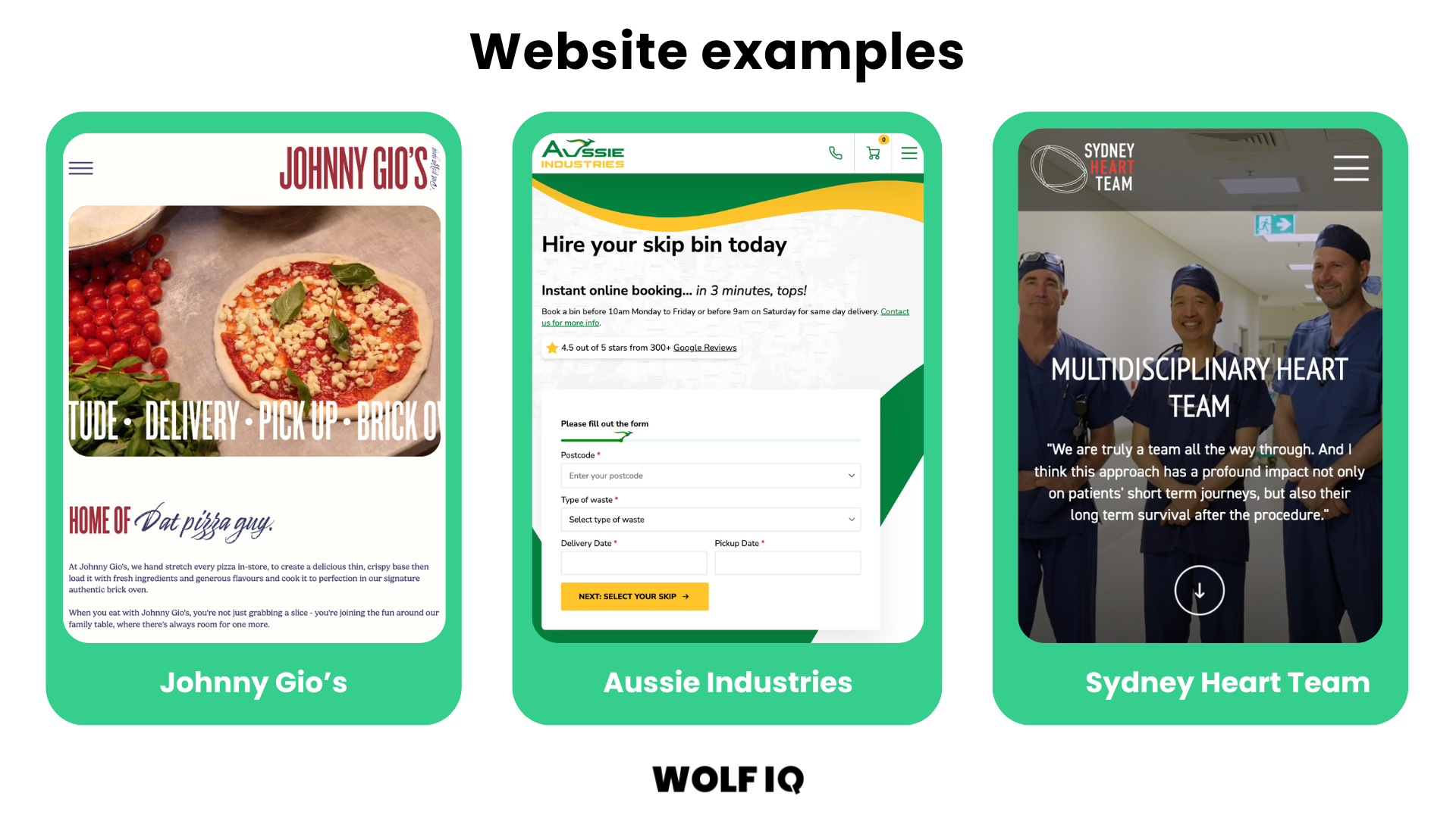 Examples of Websites Wolf IQ Built - Johnny Gio's Pizza, Aussie Industries, Sydney Heart Team
