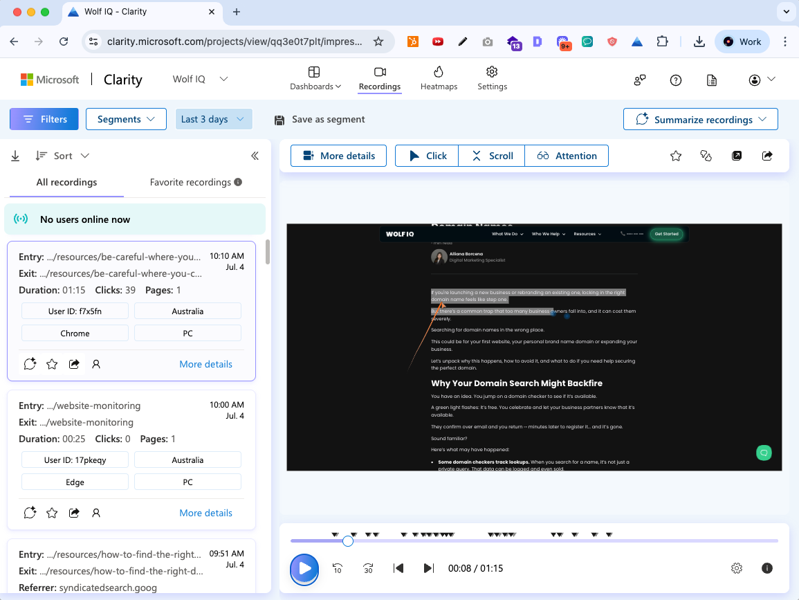 Microsoft Clarity website analytics showing user recordings and behaviour insights - Wolf IQ