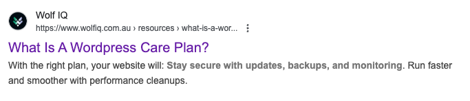 Meta description before optimisation