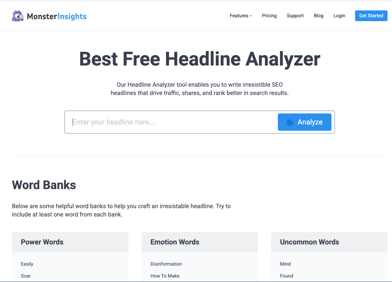 MonsterInsights Headline Analyzer tool for writing SEO headlines
