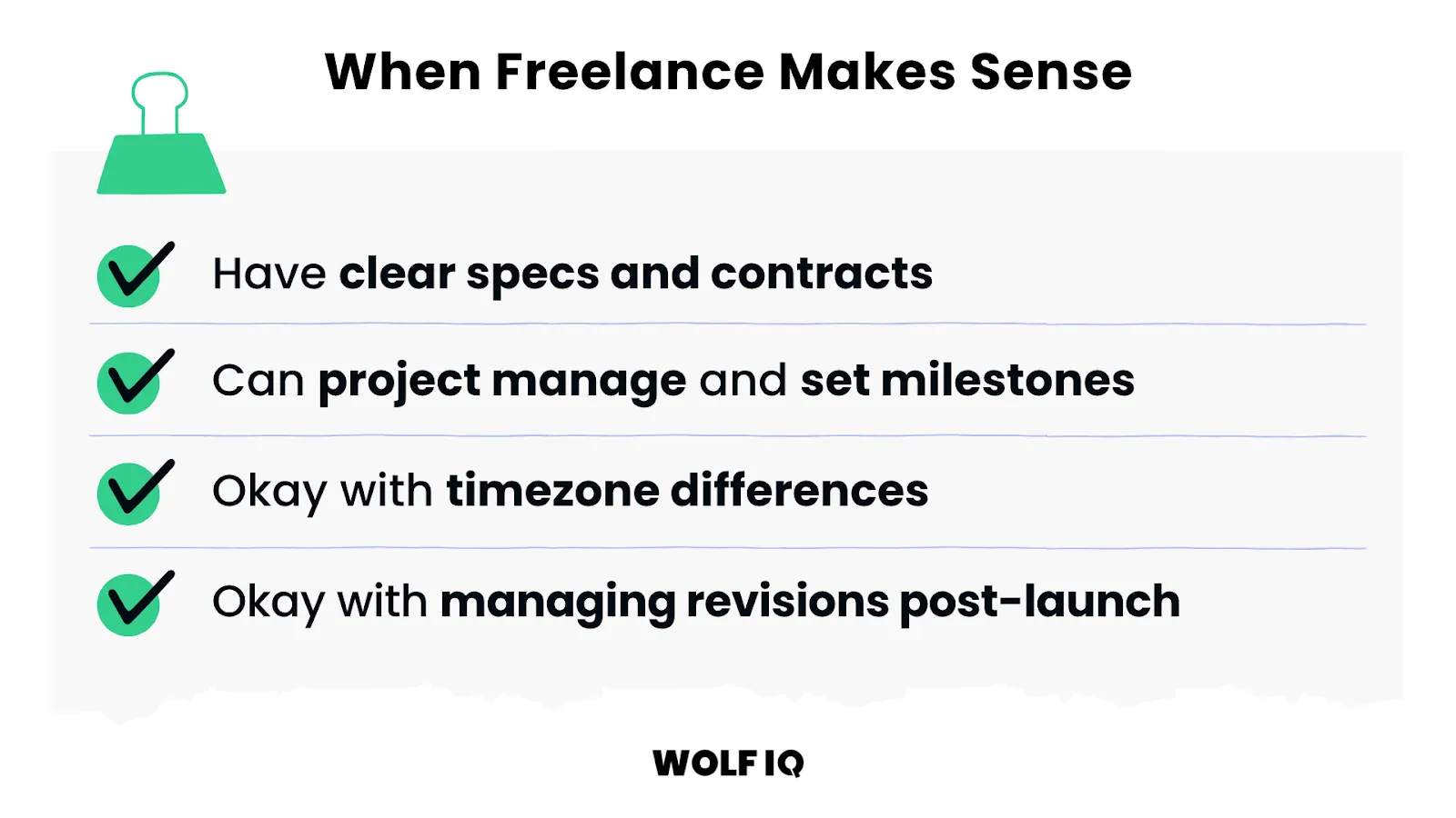 Checklist explaining when freelance web dev is ideal based on contract, timezone, and PM - Wolf IQ