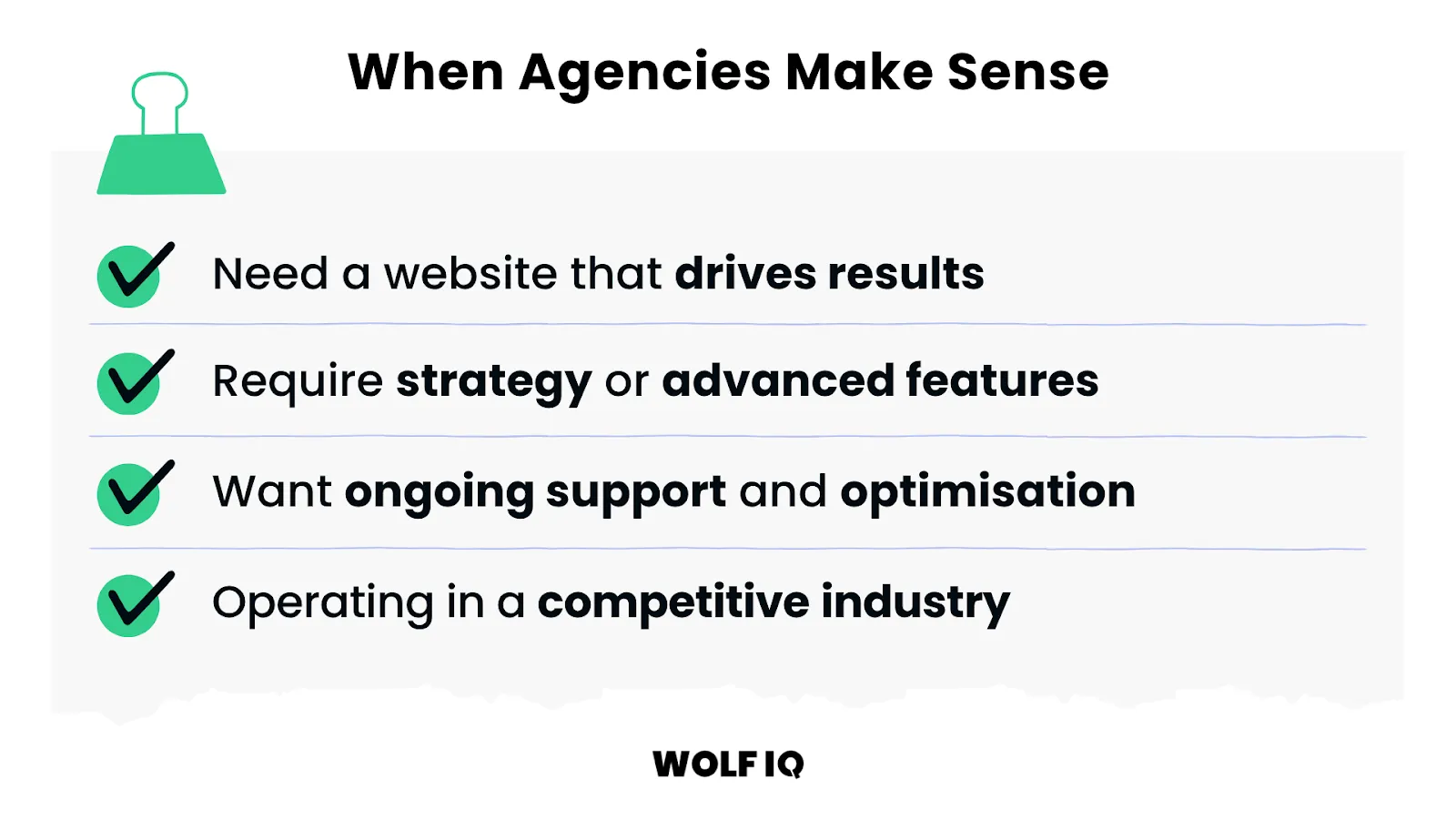 Checklist showing when agencies are best for websites needing strategy and support - Wolf IQ