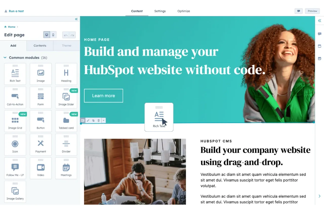 HubSpot CMS interface showing drag-and-drop builder for coding-free website design - Wolf IQ