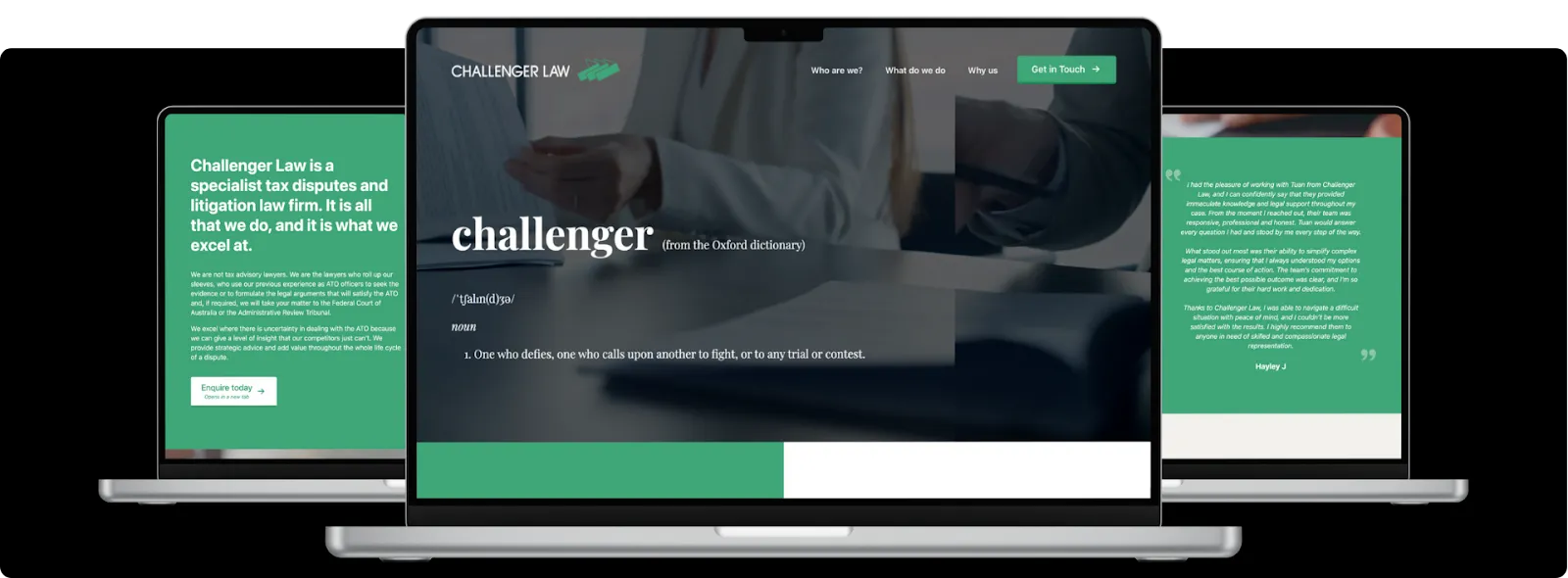 Responsive website layout for litigation firm showcasing legal copy and enquiry CTA - Wolf IQ